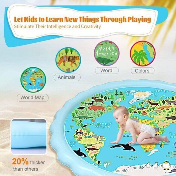 Ottoy Splash Water Mat,68'' Sprinkler Pool Pad 'World Animal Map' learning Toys - Picture 4 of 7